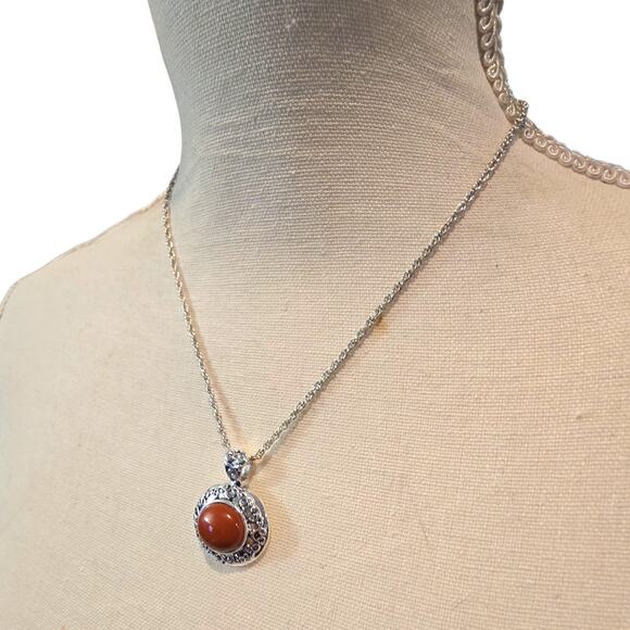 Orange Brown Pendant Necklace Silver Tone Rope Chain Ornate Thailand Jewelry - Picture 2 of 7